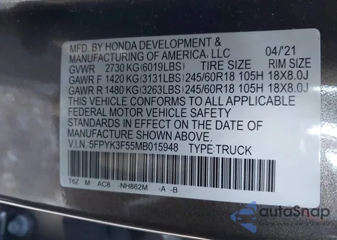 2021 Honda Ridgeline Awd Rtl z USA, uszkodzony, nr VIN 5FPYK3F55MB015948